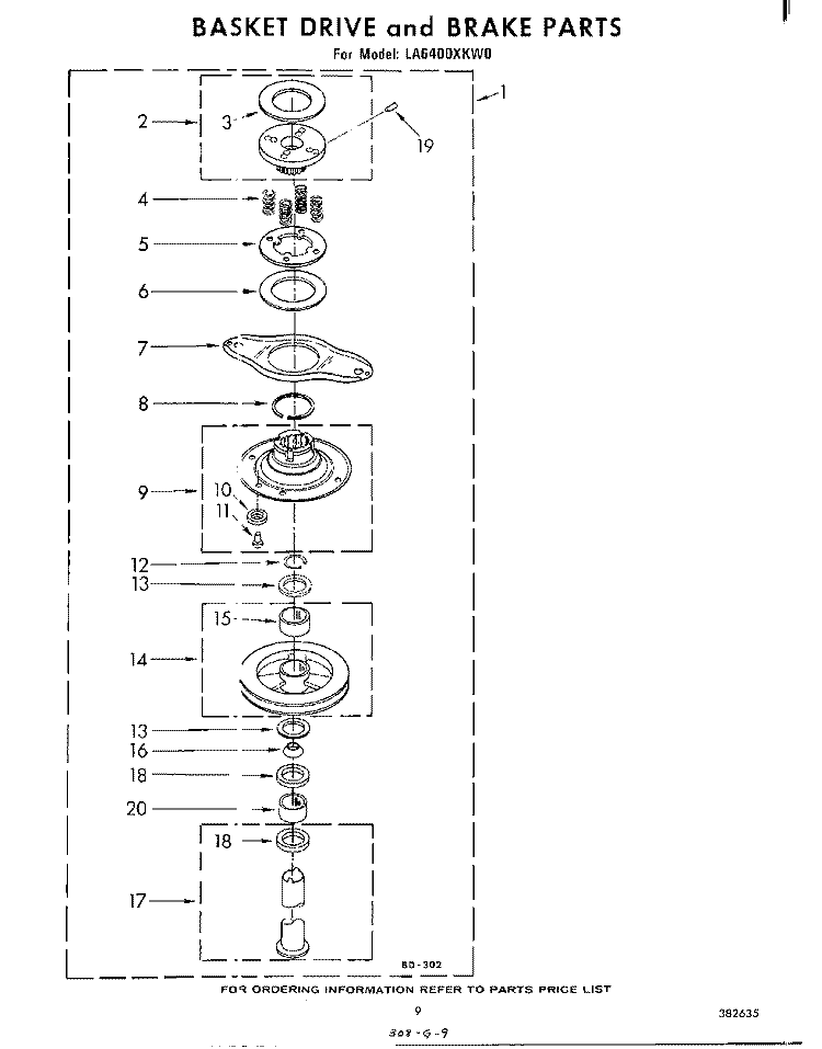 BASKET DRIVE AND BRAKE Diagram and Parts List for LA6400XKW0  Whirlpool Washer