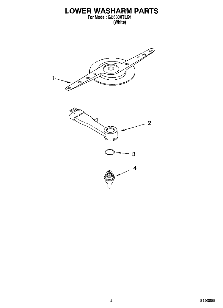 LOWER WASHARM PARTS Diagram and Parts List for GU630XTLQ1  Whirlpool Dishwasher