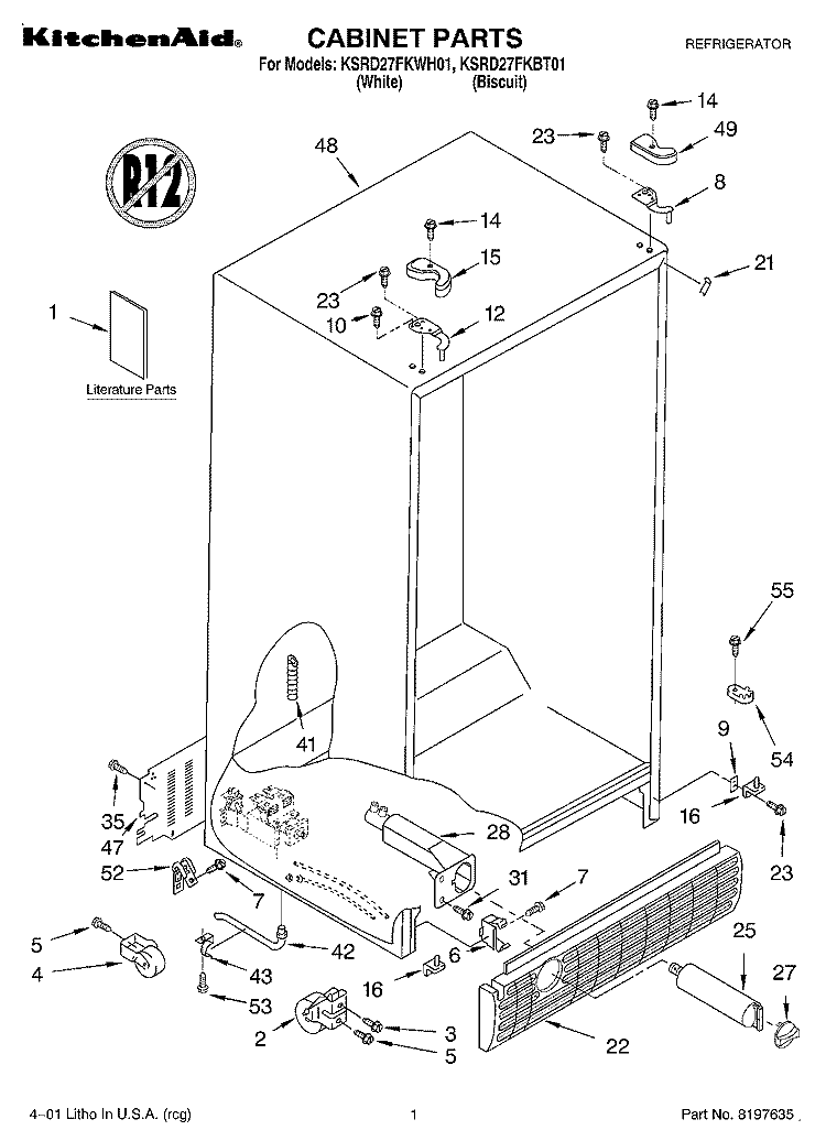 CABINET, LITERATURE Diagram and Parts List for KSRD27FKBT01  KitchenAid Refrigerator