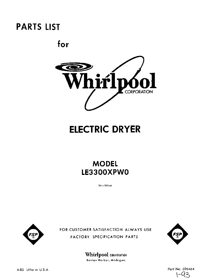 SECTION Diagram and Parts List for LE3300XPW0  Whirlpool Dryer