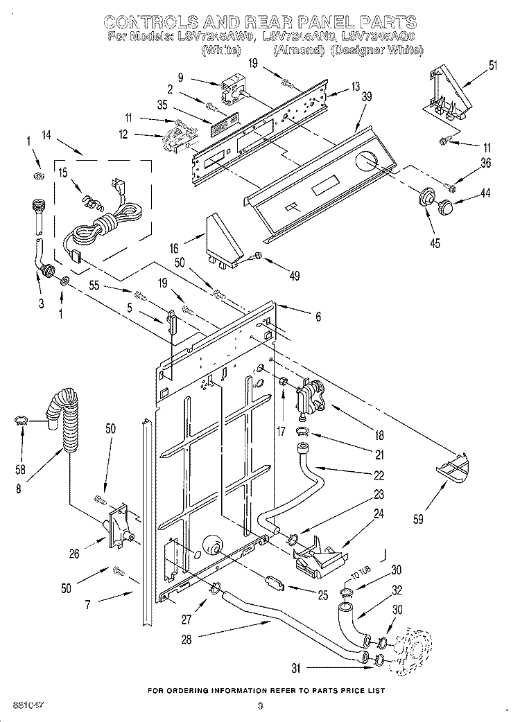CONTROLS AND REAR PANEL Diagram and Parts List for LSV7245AW0  Whirlpool Washer