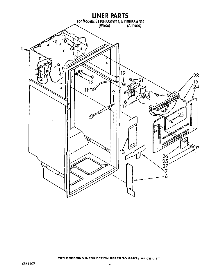 LINER Diagram and Parts List for ET18HKXWN11  Whirlpool Refrigerator