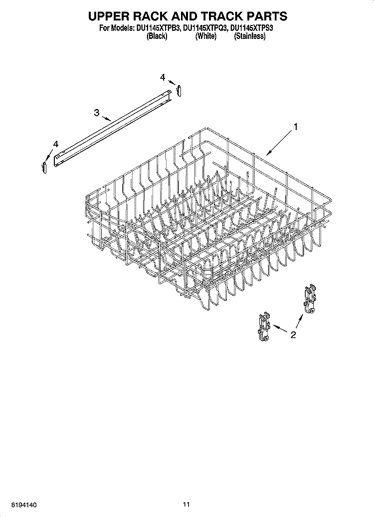 UPPER RACK AND TRACK PARTS Diagram and Parts List for DU1145XTPQ3  Whirlpool Dishwasher