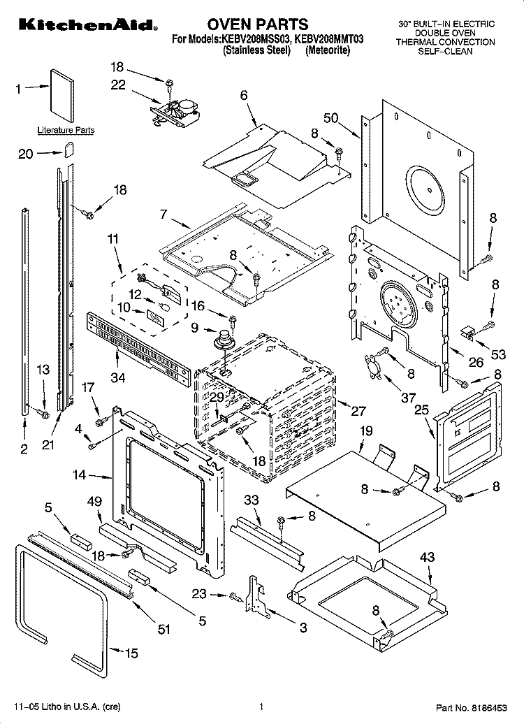 OVEN PARTS Diagram and Parts List for KEBV208MSS03  KitchenAid Wall Oven