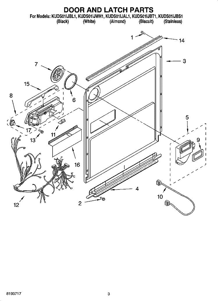 DOOR AND LATCH PARTS Diagram and Parts List for KUDS01IJBS1  KitchenAid Dishwasher