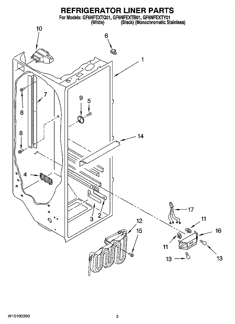 REFRIGERATOR LINER PARTS Diagram and Parts List for GF6NFEXTY01  Whirlpool Refrigerator