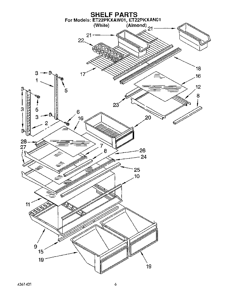 SHELF PARTS, LIT/OPTIONAL Diagram and Parts List for ET22PKXAN01  Whirlpool Refrigerator
