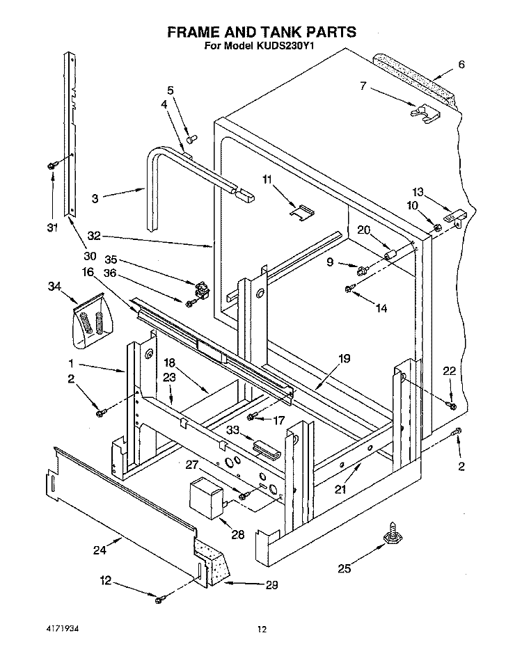 FRAME AND TANK Diagram and Parts List for KUDS230Y1  KitchenAid Dishwasher