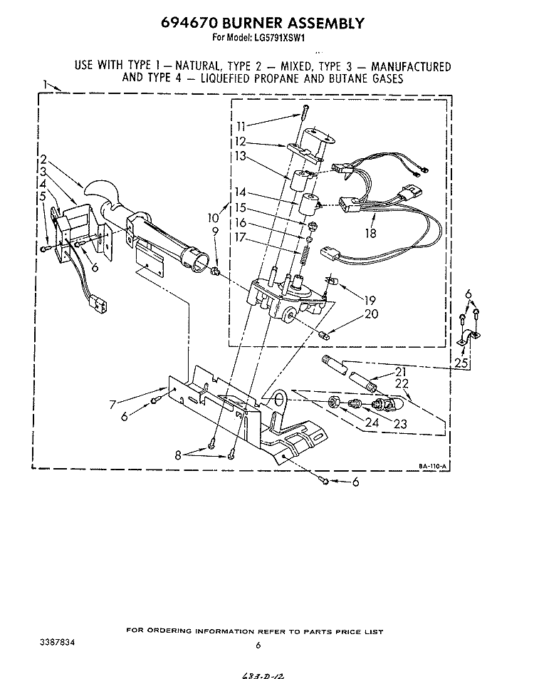 694670 BURNER Diagram and Parts List for LG5791XSW1  Whirlpool Dryer