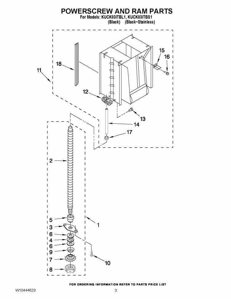 POWERSCREW AND RAM PARTS Diagram and Parts List for KUCK03ITBS1  KitchenAid Trash Compactor