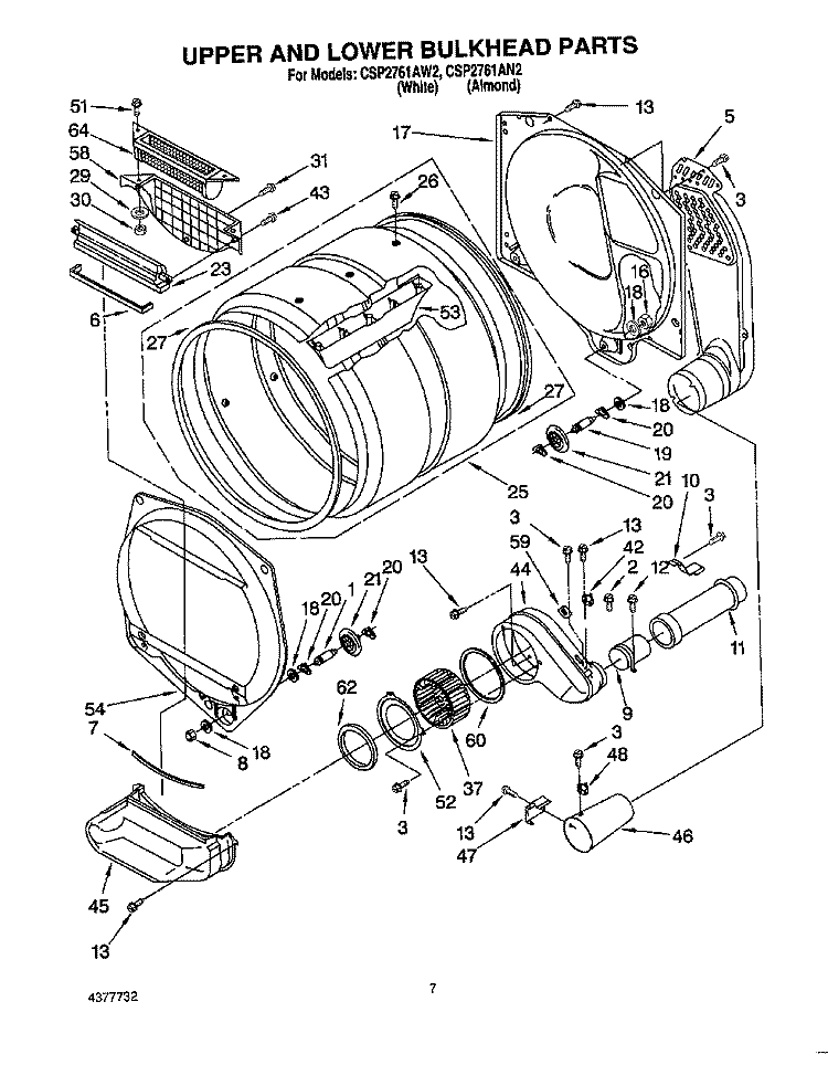 UPPER AND LOWER BULKHEAD, LITERATURE Diagram and Parts List for CSP2761AN2  Whirlpool Dryer
