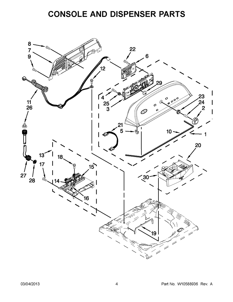 CONSOLE AND DISPENSER PARTS Diagram and Parts List for 7MWTW5722BC0  Whirlpool Washer
