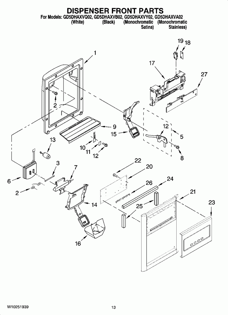 DISPENSER FRONT PARTS Diagram and Parts List for GD5DHAXVB02  Whirlpool Refrigerator