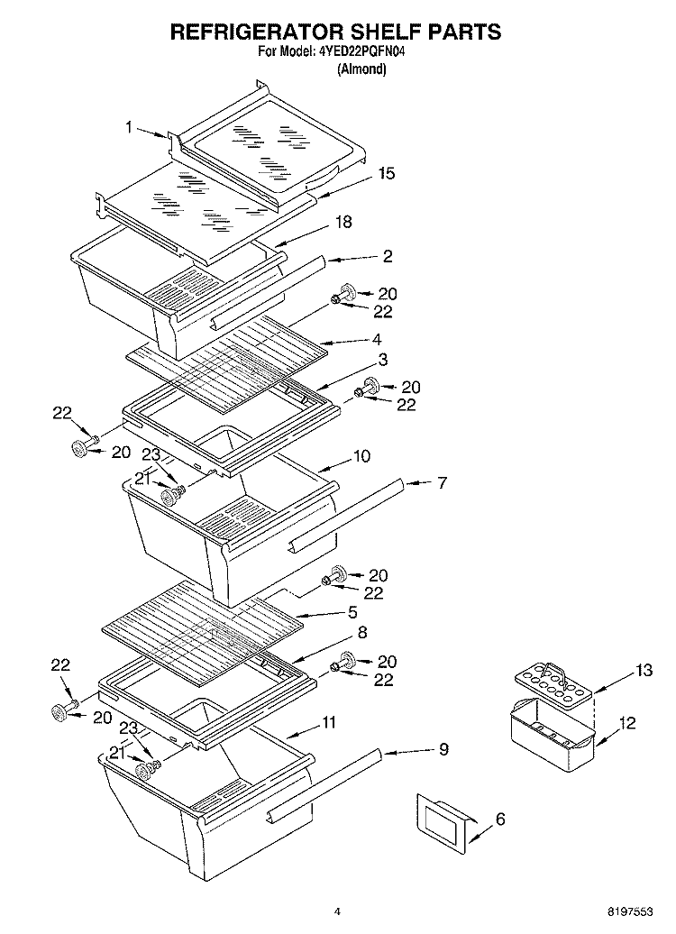 REFRIGERATOR SHELF Diagram and Parts List for 4YED22PQFN04  Whirlpool Refrigerator