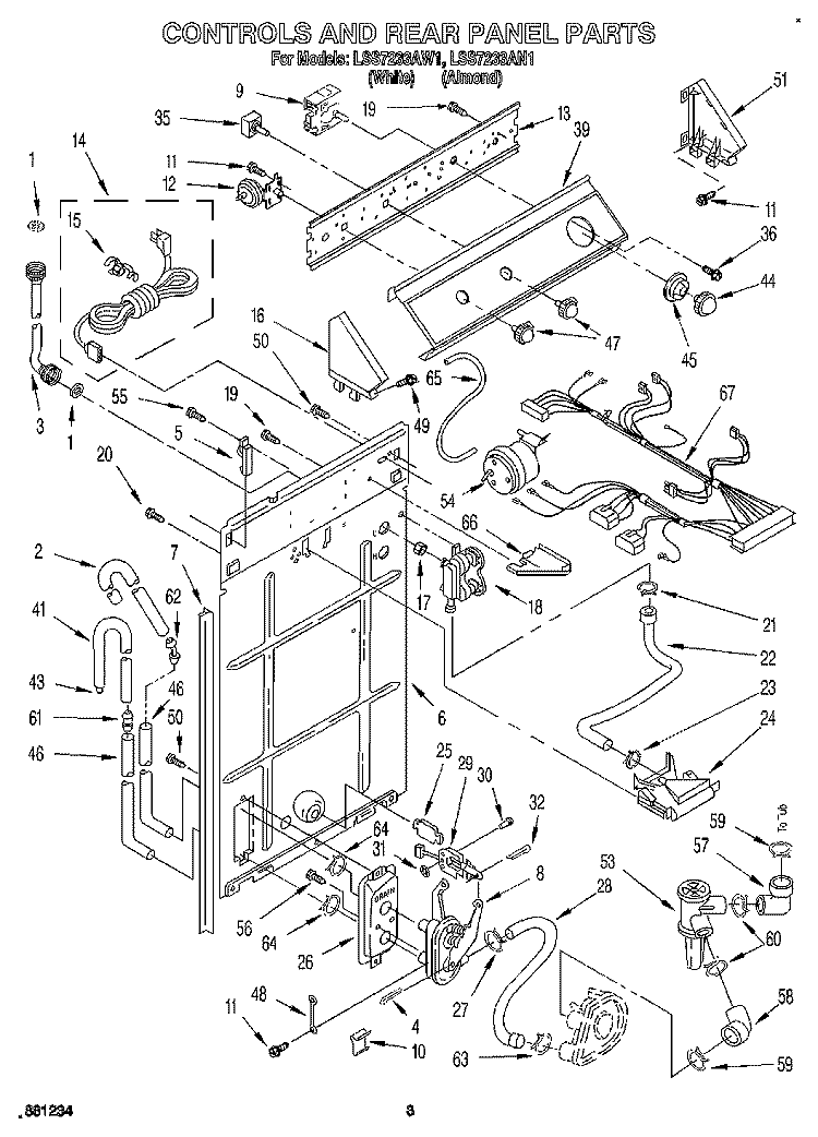 CONTROLS AND REAR PANEL Diagram and Parts List for LSS7233AW1  Whirlpool Washer