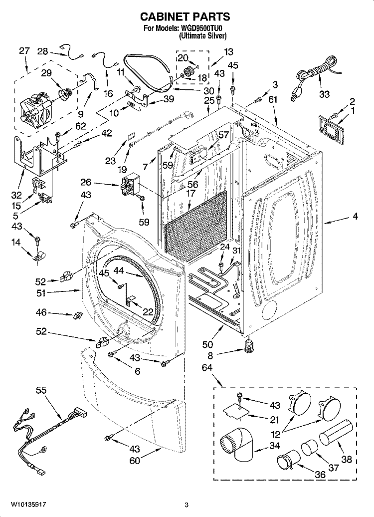 CABINET PARTS Diagram and Parts List for WGD9500TU0  Whirlpool Dryer