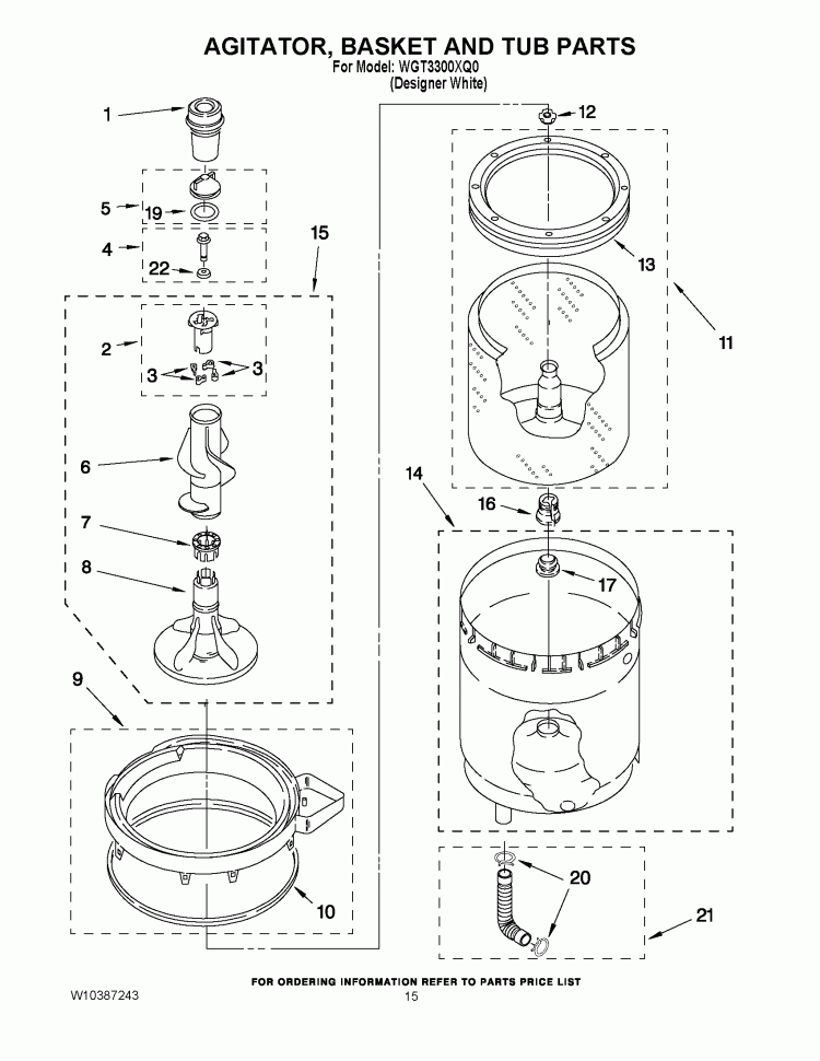 AGITATOR, BASKET AND TUB PARTS Diagram and Parts List for WGT3300XQ0  Whirlpool Washer Dryer Combo