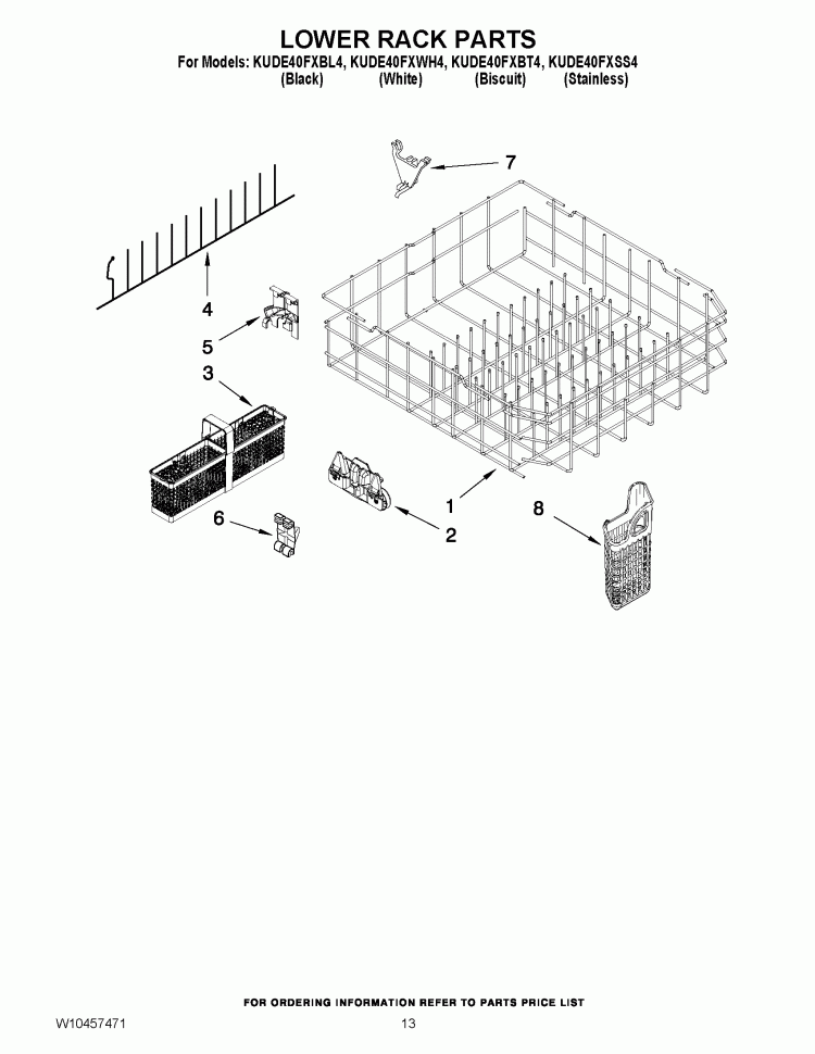 LOWER RACK PARTS Diagram and Parts List for KUDE40FXWH4  KitchenAid Dishwasher