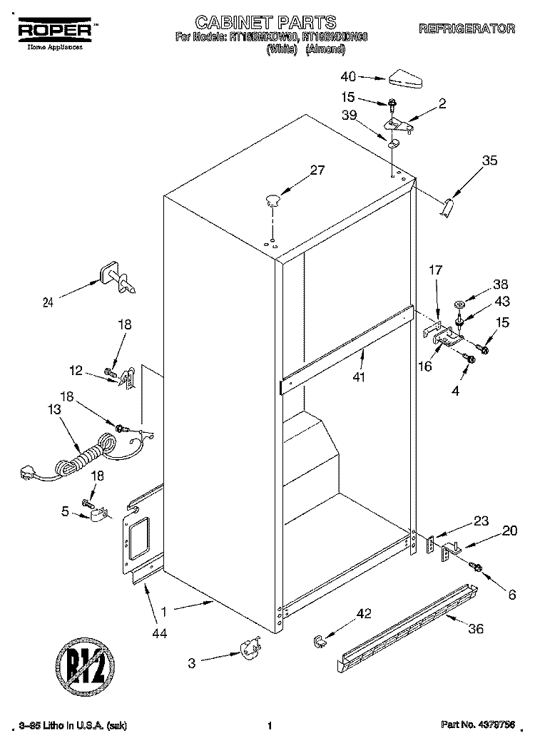 CABINET Diagram and Parts List for RT18BMXDW00  Roper Refrigerator