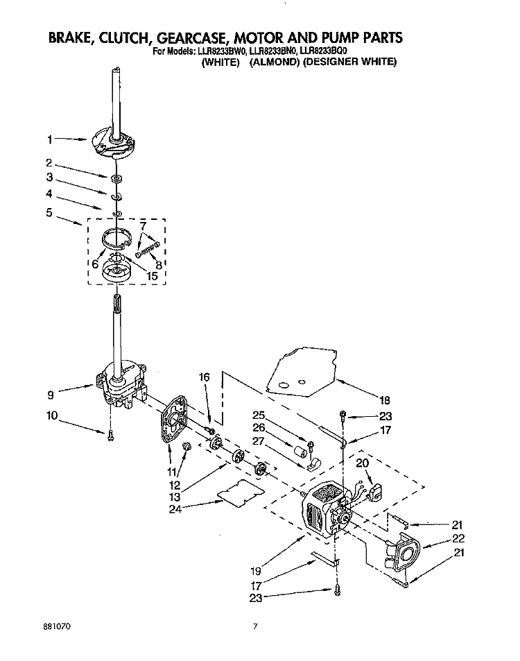 BRAKE, CLUTCH, GEARCASE, MOTOR & PUMP Diagram and Parts List for LLR8233BN0  Whirlpool Washer