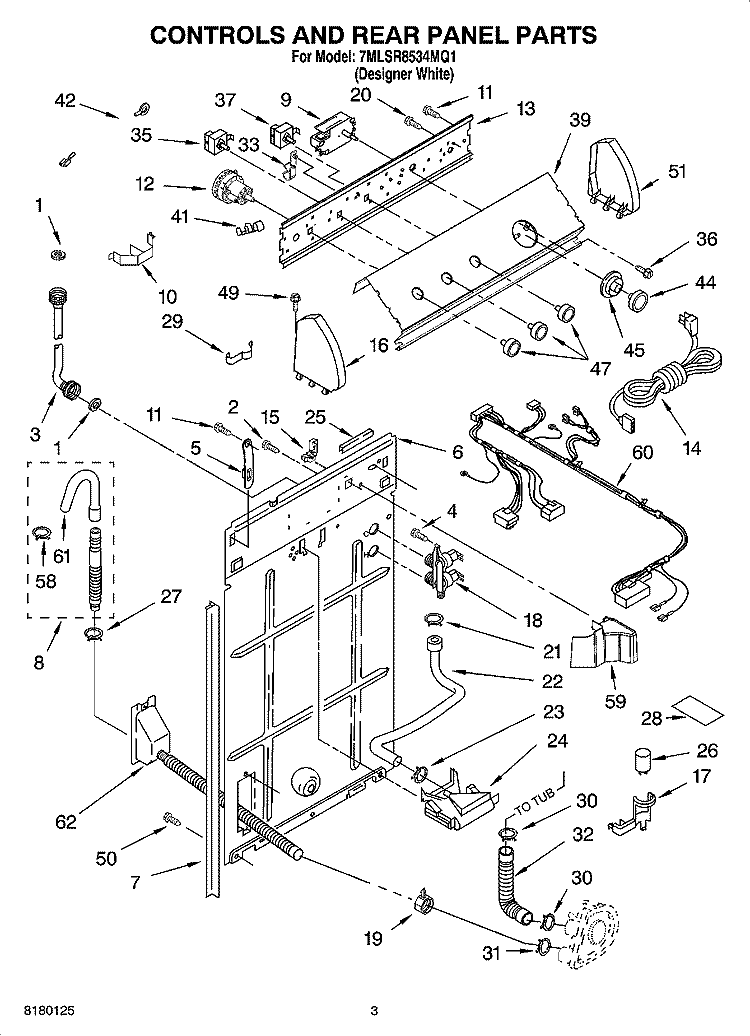 CONTROLS AND REAR PANEL PARTS Diagram and Parts List for 7MLSR8534MQ1  Whirlpool Washer