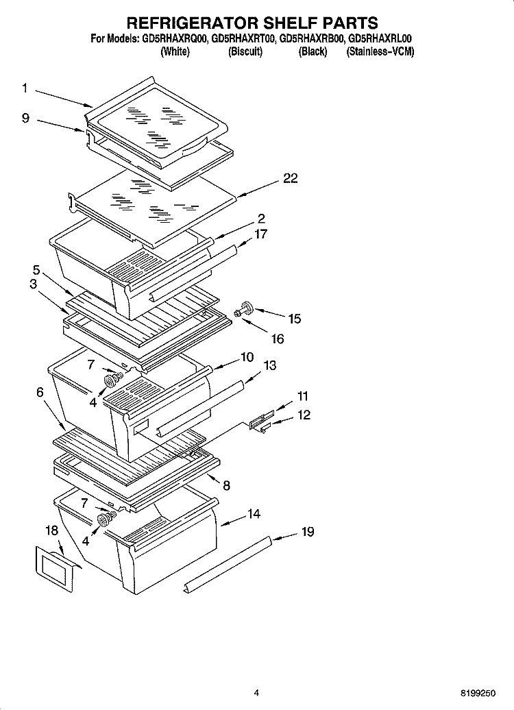 REFRIGERATOR SHELF PARTS Diagram and Parts List for GD5RHAXRT00  Whirlpool Refrigerator
