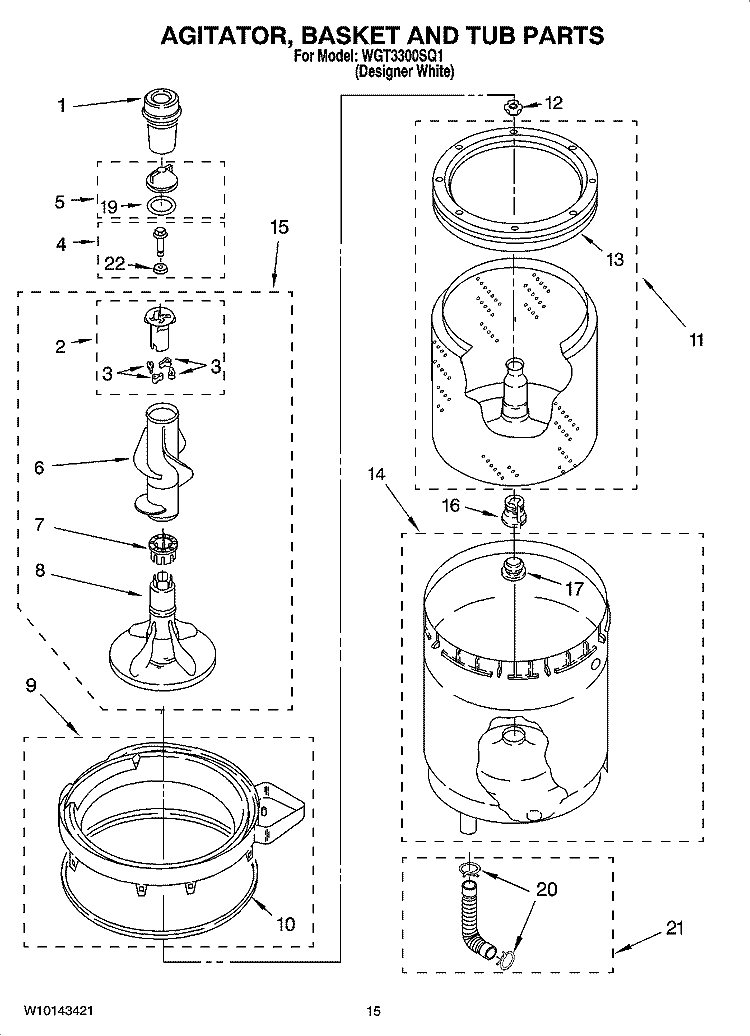 AGITATOR, BASKET AND TUB PARTS Diagram and Parts List for WGT3300SQ1  Whirlpool Washer Dryer Combo