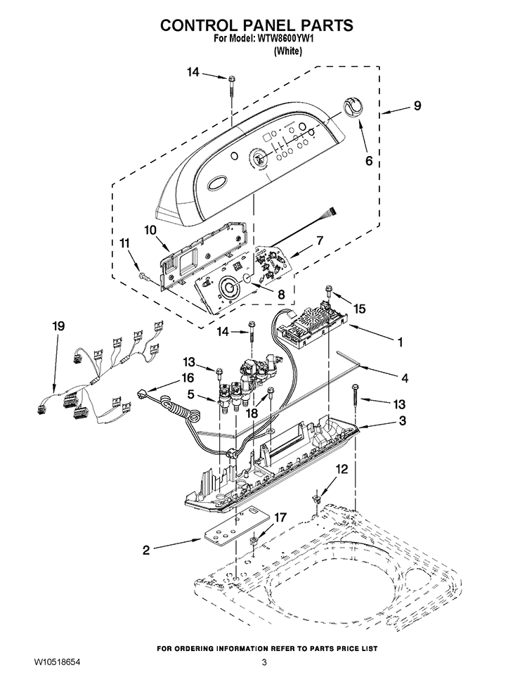 CONTROL PANEL PARTS Diagram and Parts List for WTW8600YW1  Whirlpool Washer