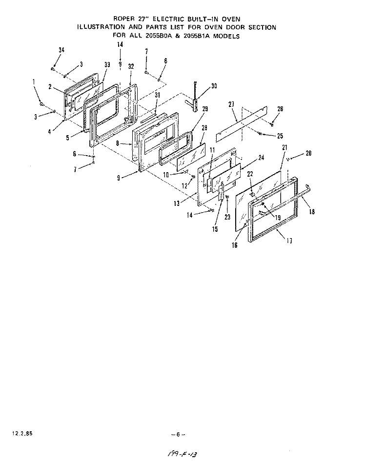 OVEN DOOR , LIT/OPTIONAL Diagram and Parts List for 2055B1A  Roper Range