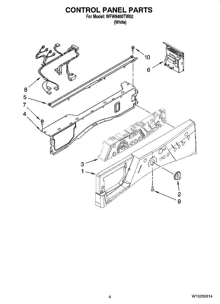 CONTROL PANEL PARTS Diagram and Parts List for WFW8400TW02  Whirlpool Washer