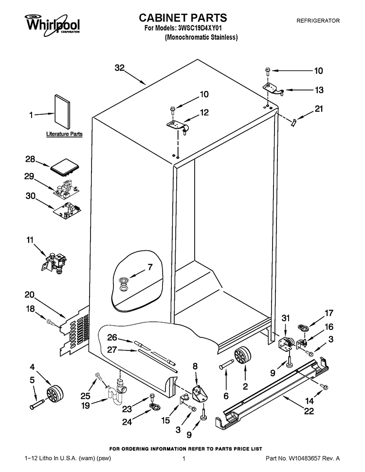 CABINET PARTS Diagram and Parts List for 3WSC19D4XY01  Whirlpool Refrigerator