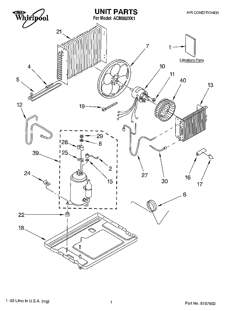 UNIT, LITERATURE Diagram and Parts List for ACM062XK1  Whirlpool Air Conditioner