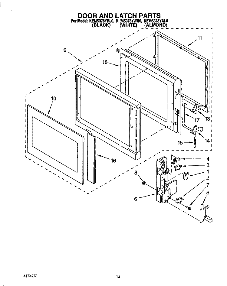 DOOR AND LATCH Diagram and Parts List for KEMS378YBL0  KitchenAid Wall Oven