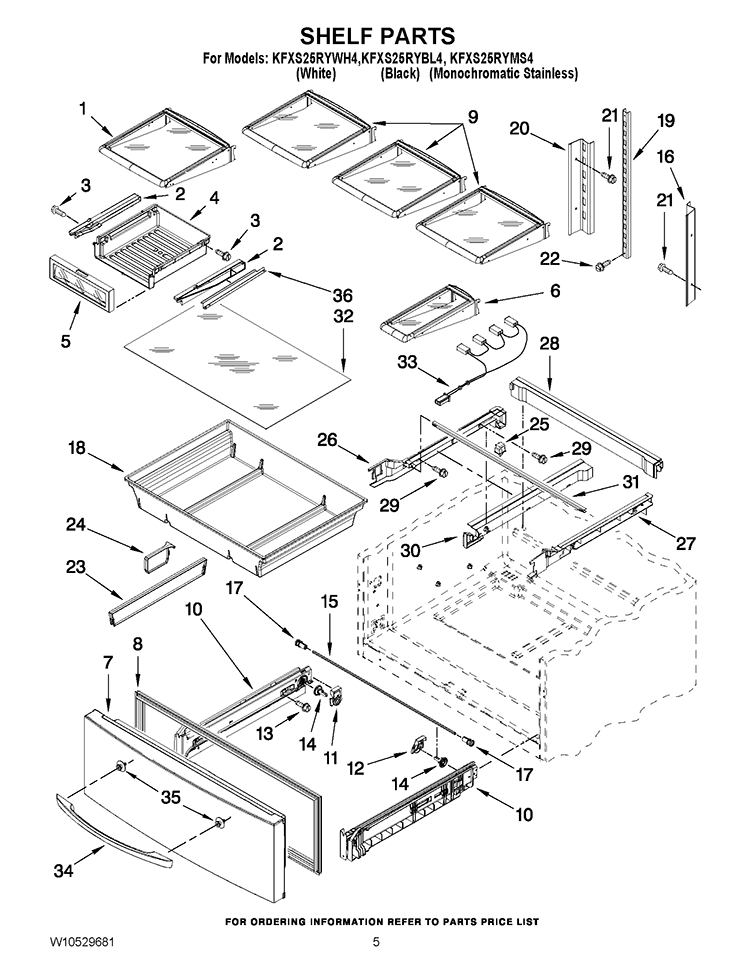 SHELF PARTS Diagram and Parts List for KFXS25RYWH4  KitchenAid Refrigerator