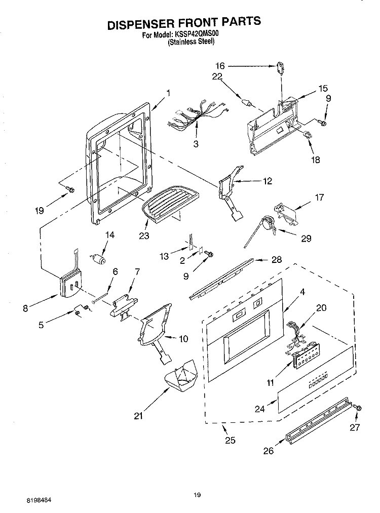 DISPENSER AND FRONT PARTS Diagram and Parts List for KSSP42QMS00  KitchenAid Refrigerator