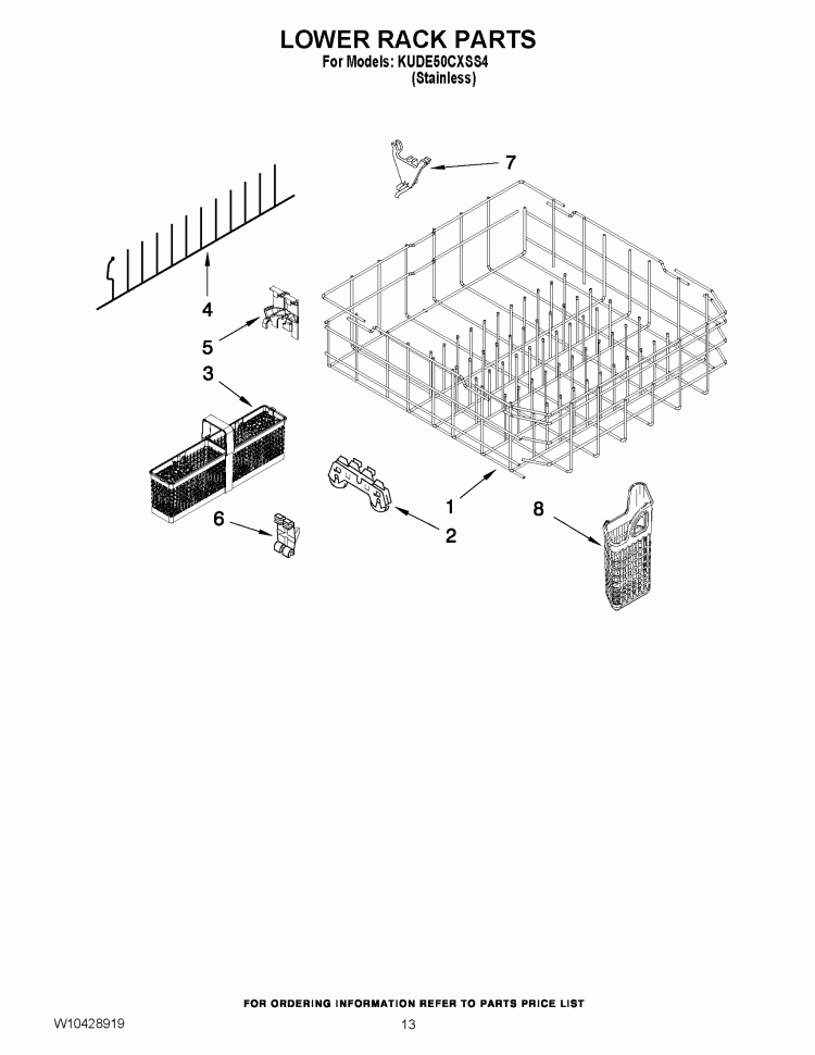 LOWER RACK PARTS Diagram and Parts List for KUDE50CXSS4  KitchenAid Dishwasher