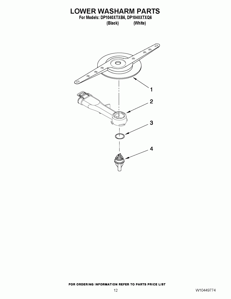LOWER WASHARM PARTS Diagram and Parts List for DP1040XTXQ6  Whirlpool Dishwasher