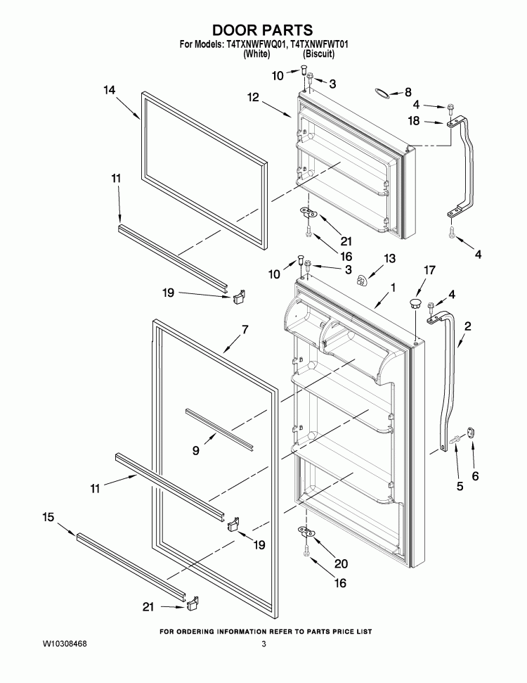 DOOR PARTS Diagram and Parts List for T4TXNWFWQ01  Estate Refrigerator