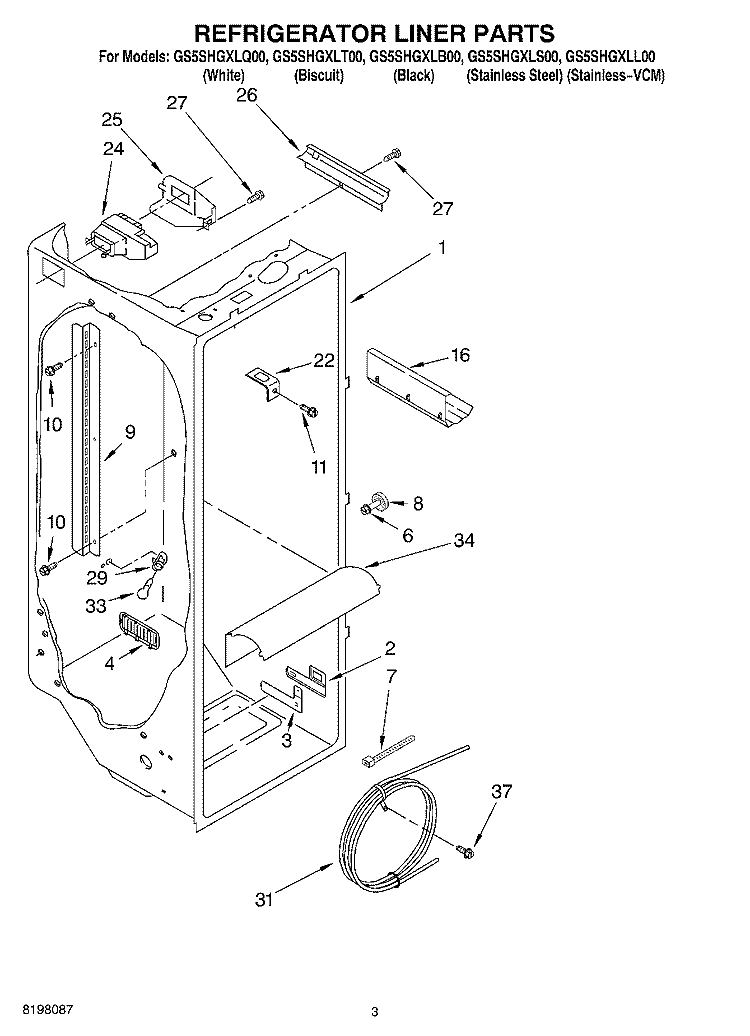 REFRIGERATOR LINER Diagram and Parts List for GS5SHGXLQ00  Whirlpool Refrigerator