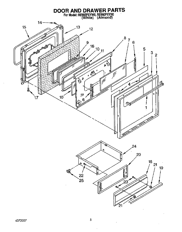 DOOR AND DRAWER Diagram and Parts List for RE960PXYN0  Whirlpool Microwave Oven Combo