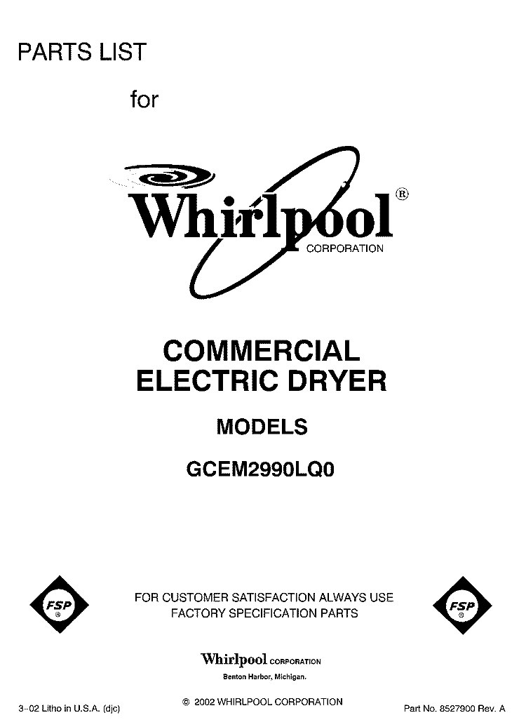 FRONT COVER Diagram and Parts List for GCEM2990LQ0  Whirlpool Dryer
