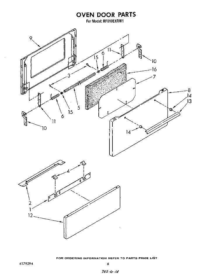 OVEN DOOR Diagram and Parts List for RF010EXRW1  Whirlpool Range