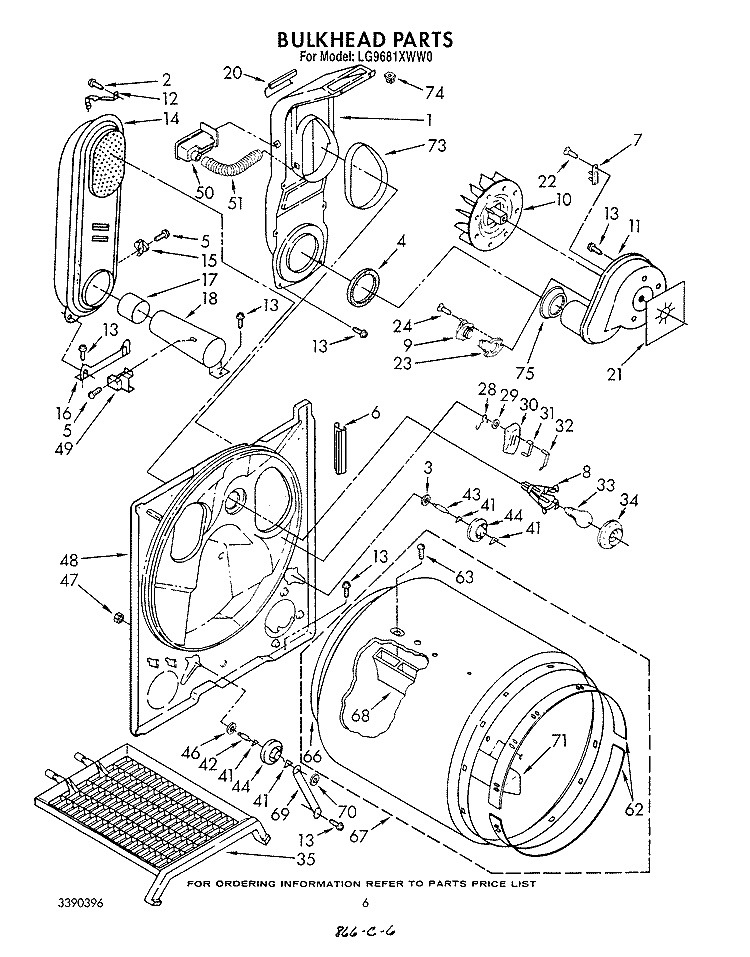 BULKHEAD Diagram and Parts List for LG9681XWW0  Whirlpool Dryer