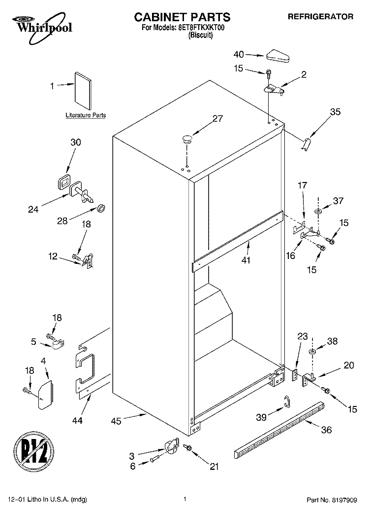 CABINET, LITERATURE Diagram and Parts List for 8ET8FTKXKT00  Whirlpool Refrigerator