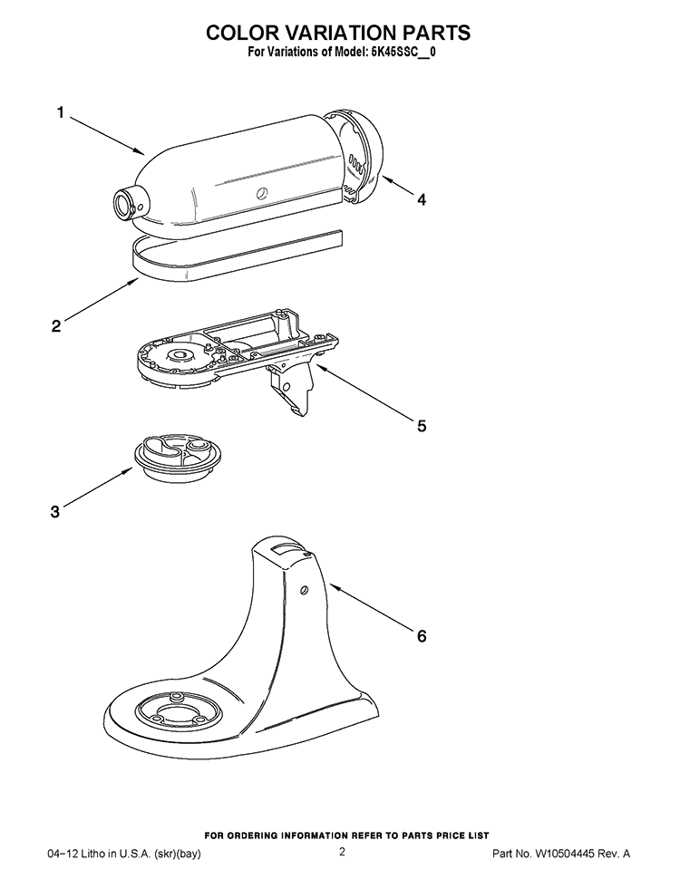 COLOR VARIATION PARTS Diagram and Parts List for 5K45SSCWH0  KitchenAid Mixer