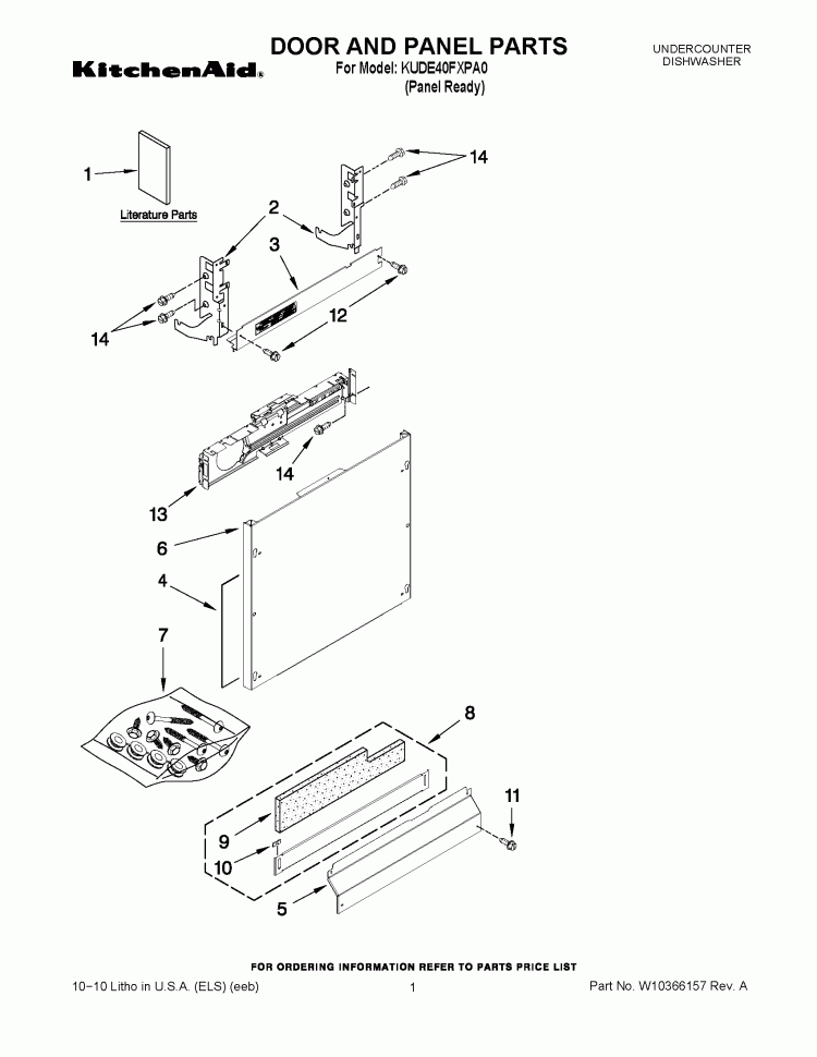 DOOR AND PANEL PARTS Diagram and Parts List for KUDE40FXPA0  KitchenAid Dishwasher