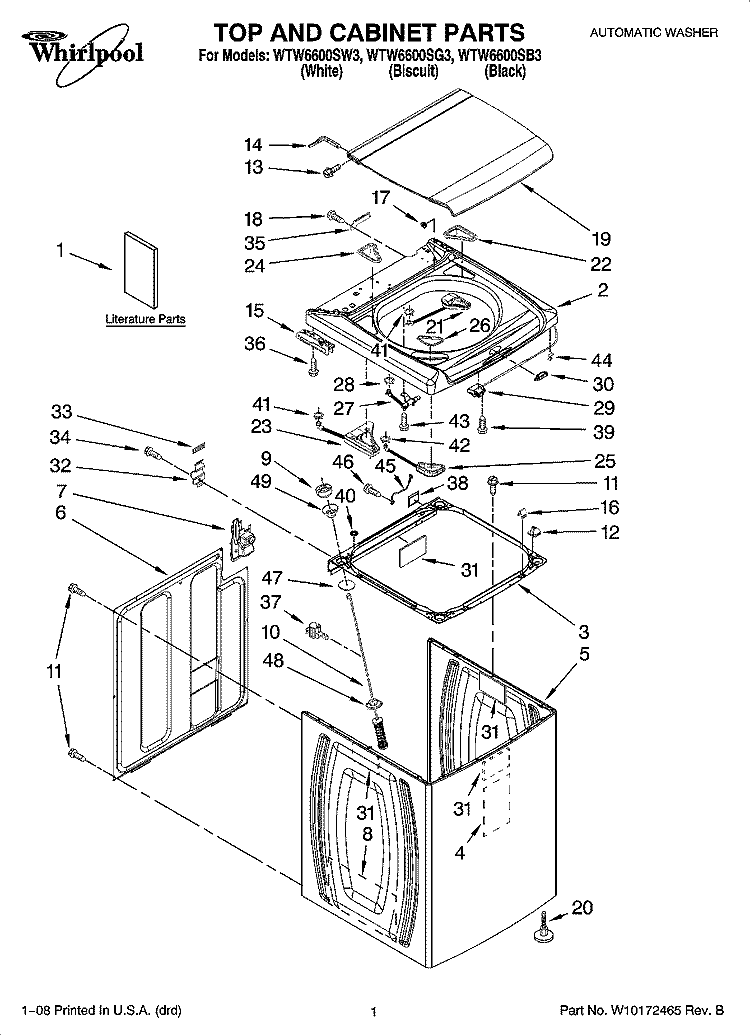 TOP AND CABINET PARTS Diagram and Parts List for WTW6600SW3  Whirlpool Washer