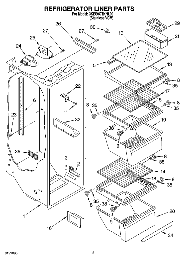 REFRIGERATOR LINER PARTS Diagram and Parts List for 3KES0GTKNL00  Whirlpool Refrigerator