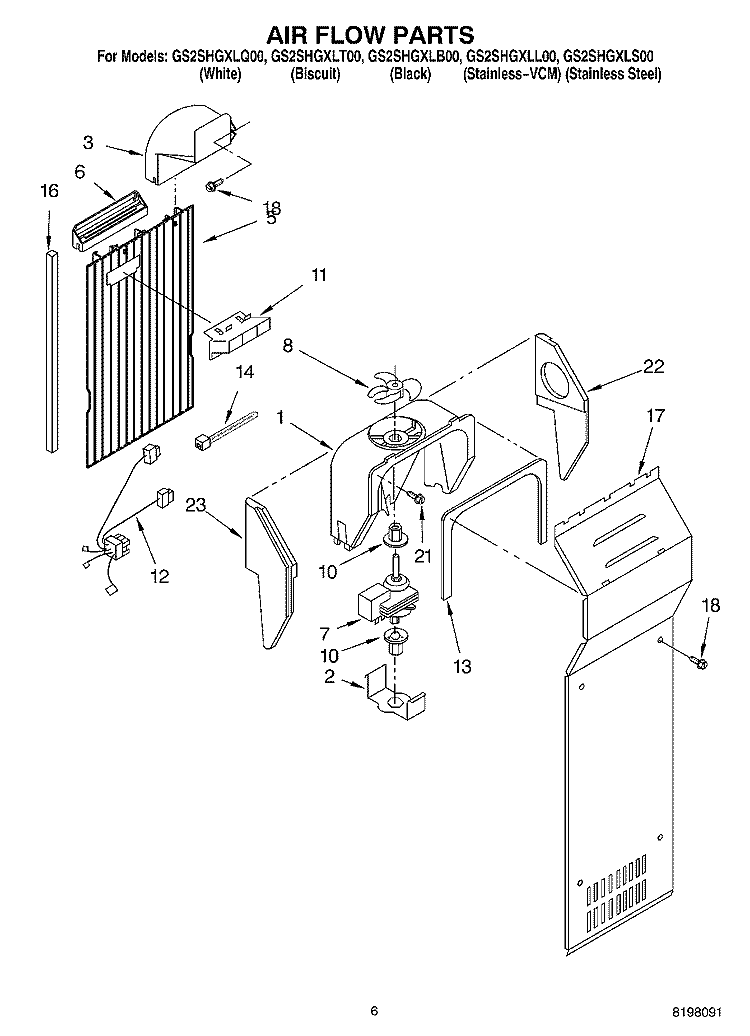 AIR FLOW Diagram and Parts List for GS2SHGXLQ00  Whirlpool Refrigerator