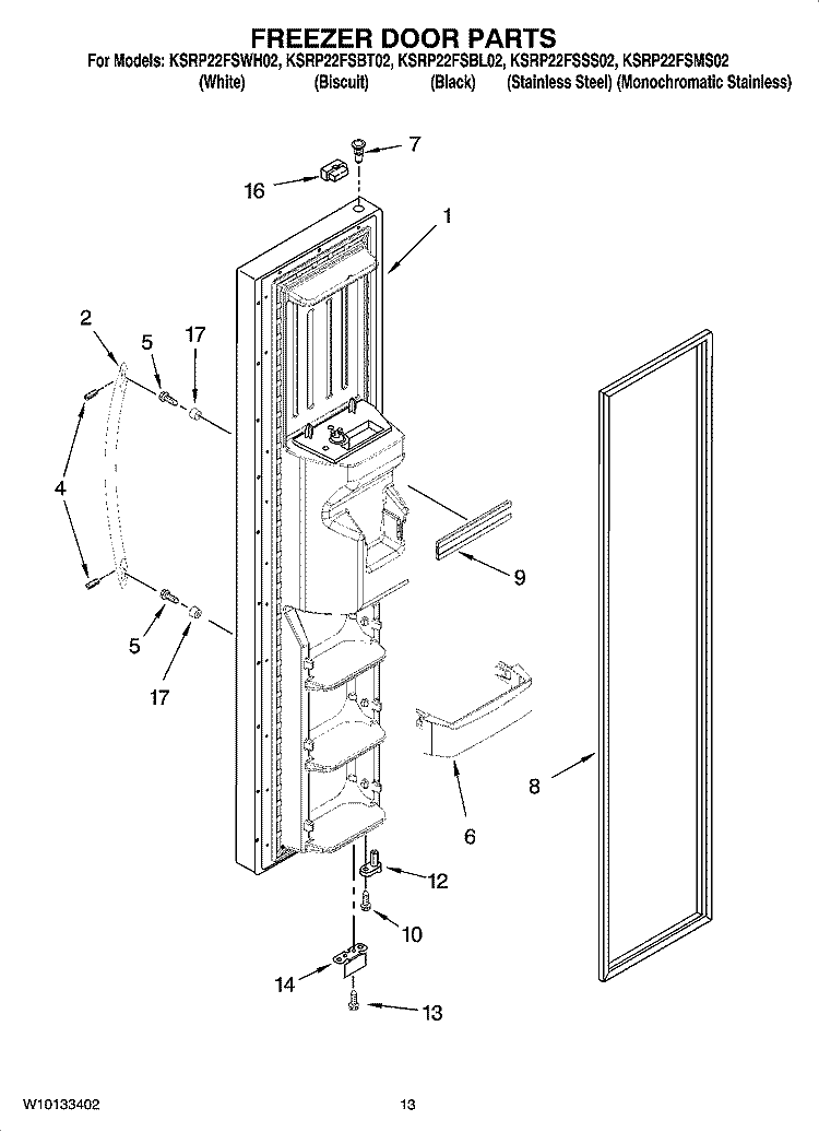 FREEZER DOOR PARTS Diagram and Parts List for KSRP22FSMS02  KitchenAid Refrigerator